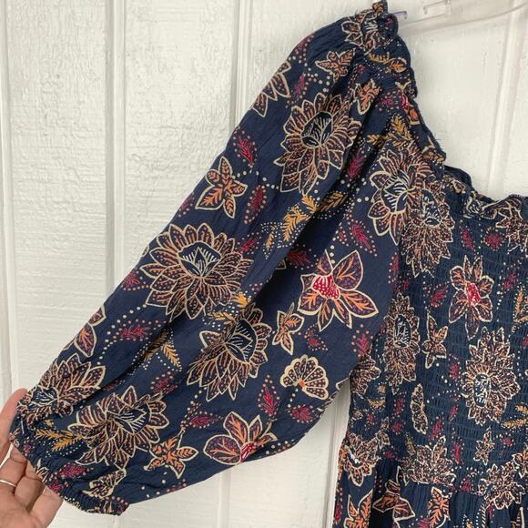 Angie Women Floral Smocked Blue Short Sleeve Mini Dress Western Boho Size Large - Picture 2 of 8